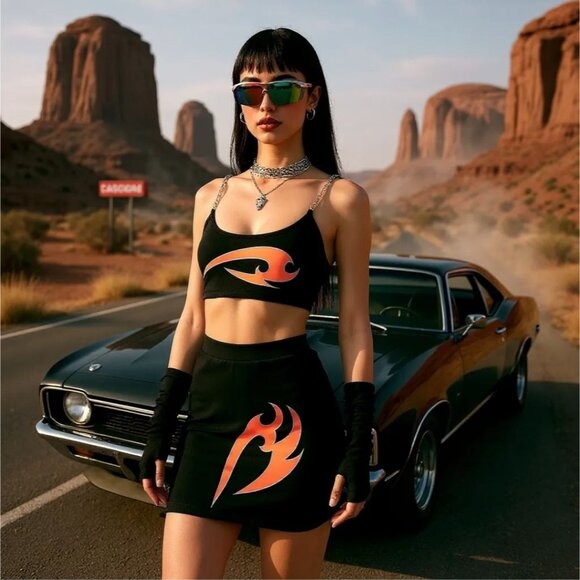 Tattoo Graphic Chain Crop Top & High-Slit Mini Skirt Set by Current Mood M - Picture 1 of 3